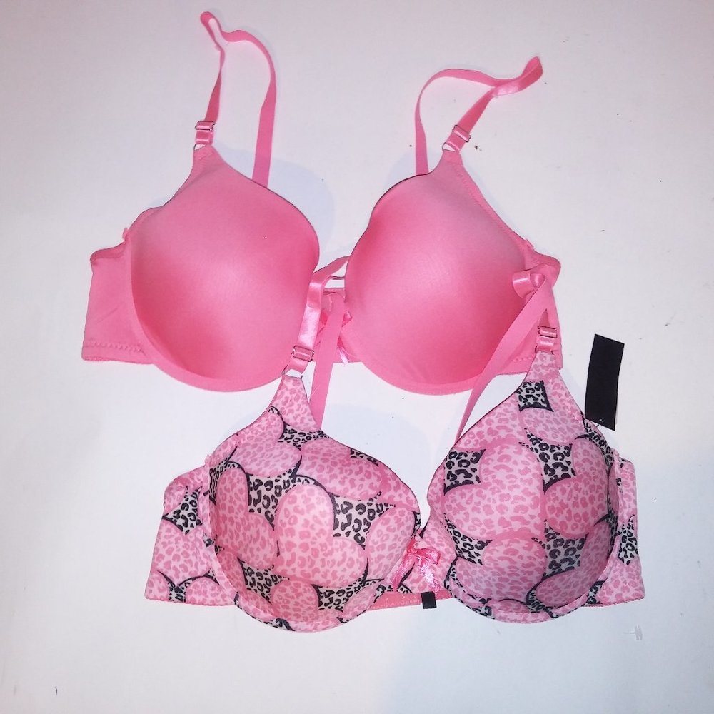 Set of 2 Midnight Muse Bra 40D Solid Pink Leopard Hearts Lightly Lined Underwire